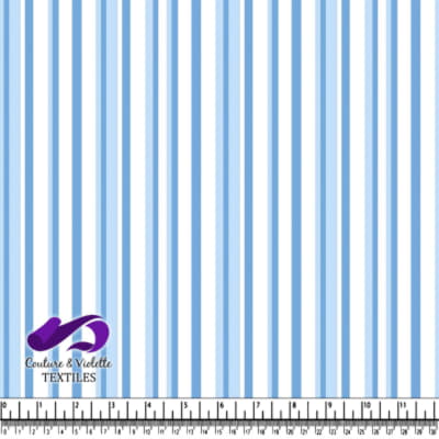 Blue and white vertical striped fabric pattern with ruler measurement