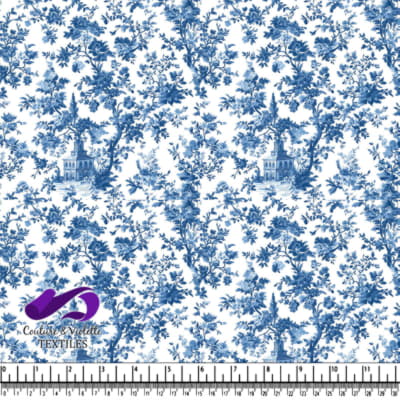 Blue and White Vintage Floral Toile Pattern Fabric