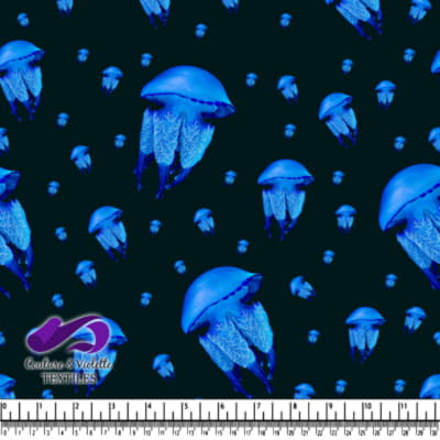 Glowing Blue Jellyfish Pattern on Black Background Textile