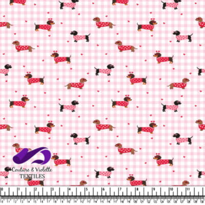 Dachshund Dogs in Heart Sweaters on Pink Checkered Background