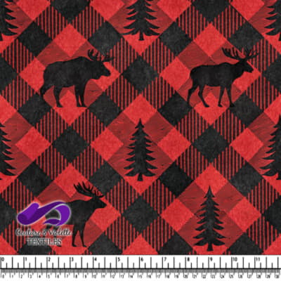 Motif tartan rouge et noir avec orignaux et sapins