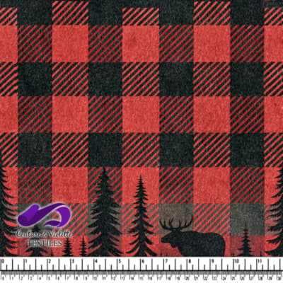 Red and black plaid pattern with pine trees and moose silhouette