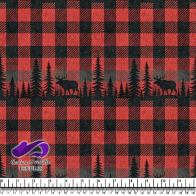 Red and black plaid pattern with pine trees and moose silhouette
