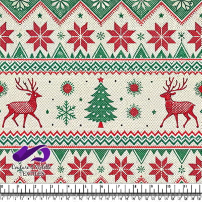 Christmas Pattern with Reindeer Snowflakes and Trees Fabric Design