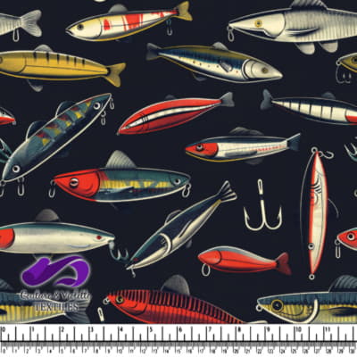 Colorful Fishing Lures Pattern on Dark Background