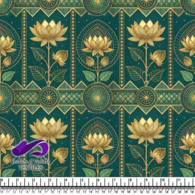 Motif Floral de Lotus Doré sur Fond Turquoise