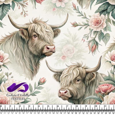 Vaches des Highlands Parmi des Roses Délicates
