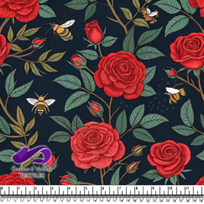 Red Roses and Bees Pattern on Black