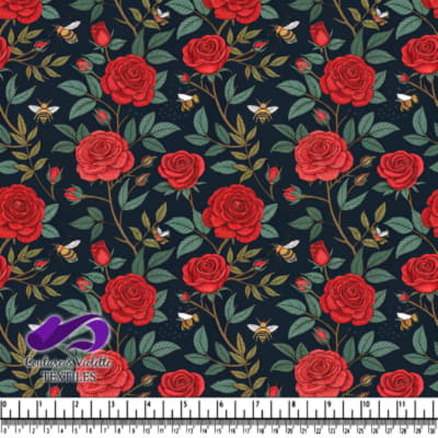 Red Roses and Bees Pattern on Black