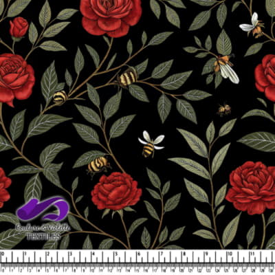 Red Roses and Bees on Black Background