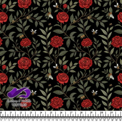 Red Roses and Bees on Black Background