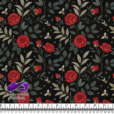 Roses Rouges et Abeilles sur Fond Noir
