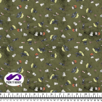 Halloween - Fantômes, chauves-souris et citrouilles sur fond olive