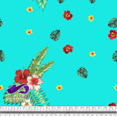 Tropical - hibiscus et palmier - Bleu Tiffany